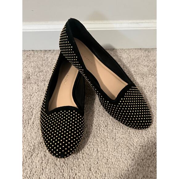Loeffler Randall Studded Leather Slip On Almond Toe Flats Shoes Black/Gold Sz 9 - Picture 2 of 12